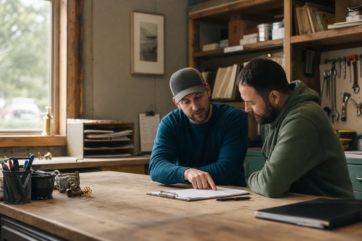 Two service-business colleagues reviewing a customer workflow in their workshop